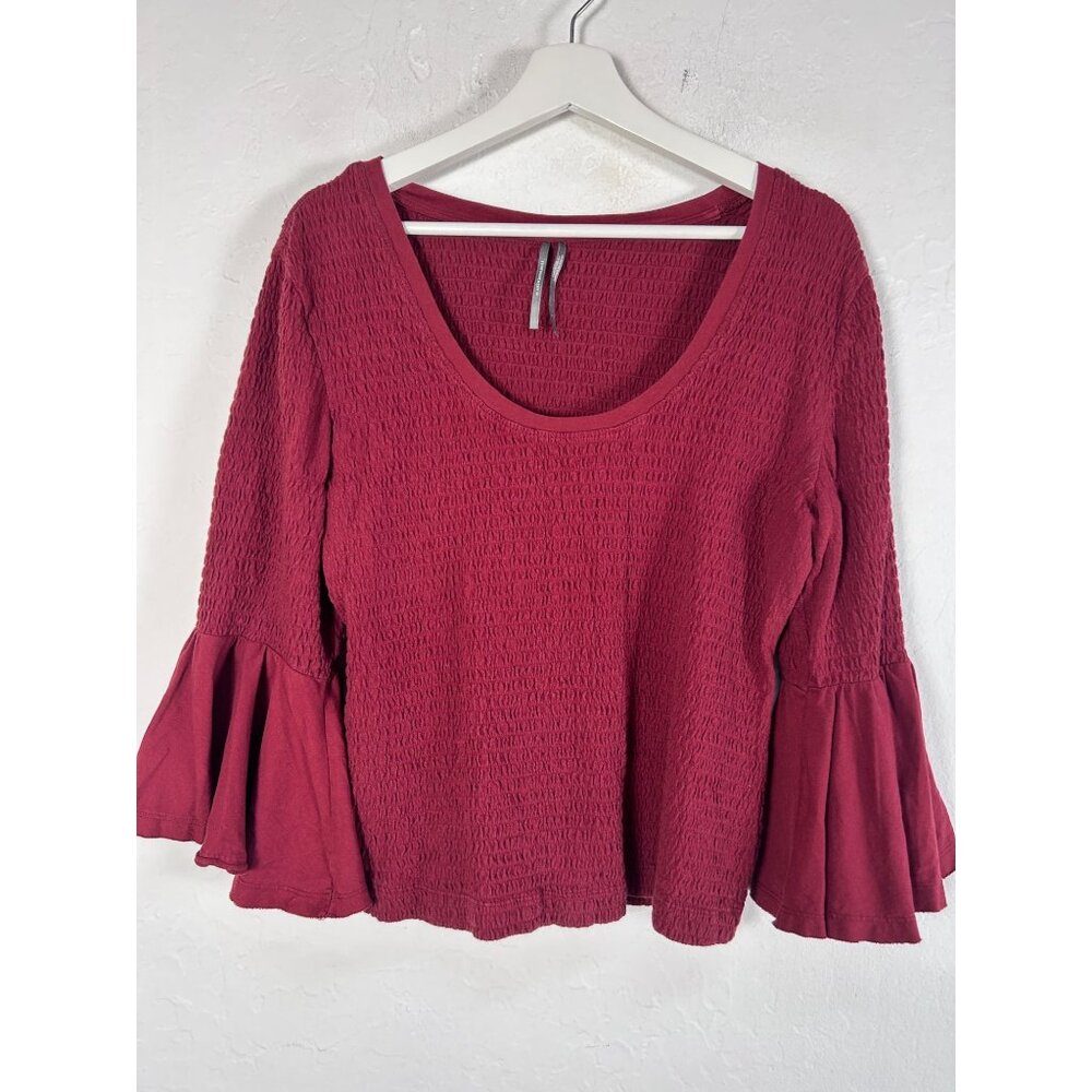 Anthropologie Womens Smocked Bell Sleeve Top Shirt Blouse Large Red Scoop Neck